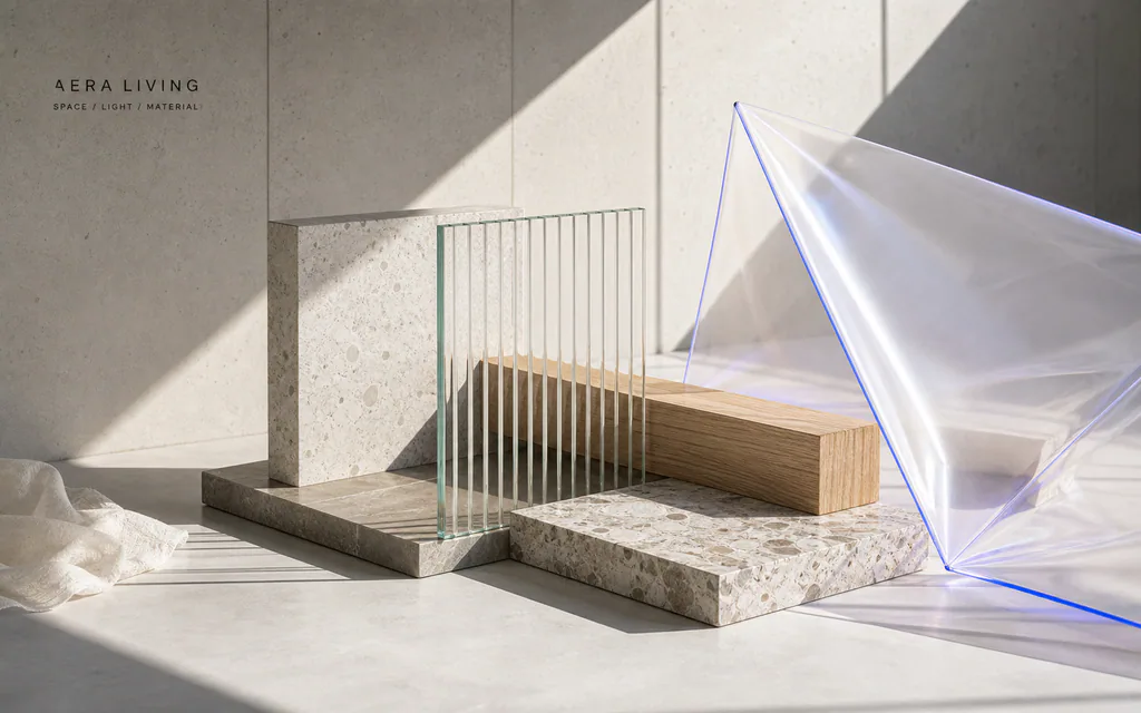 Architektonische Materialstudie für Aera Living mit Naturstein, Glas, Holz und gefalteter Lichtmembran
