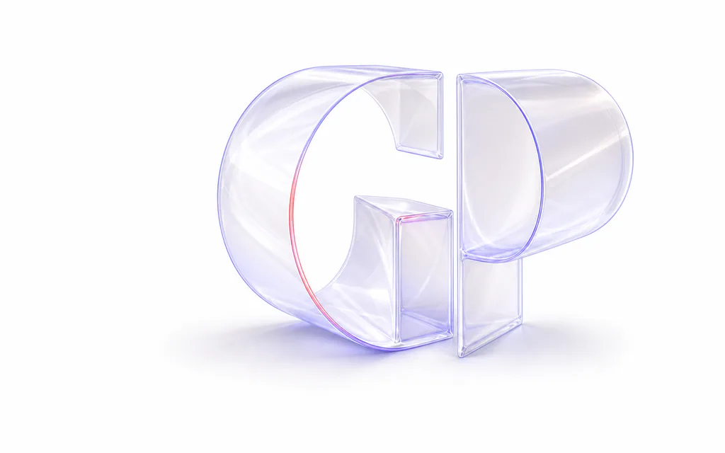 Transparente Lichtskulptur in Form des GraphandPro G/P-Monogramms