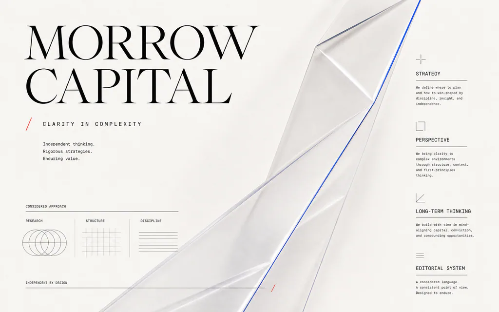 Editoriales Konzeptvisual für Morrow Capital mit Serifentypografie und transparenter diagonaler Materialfläche