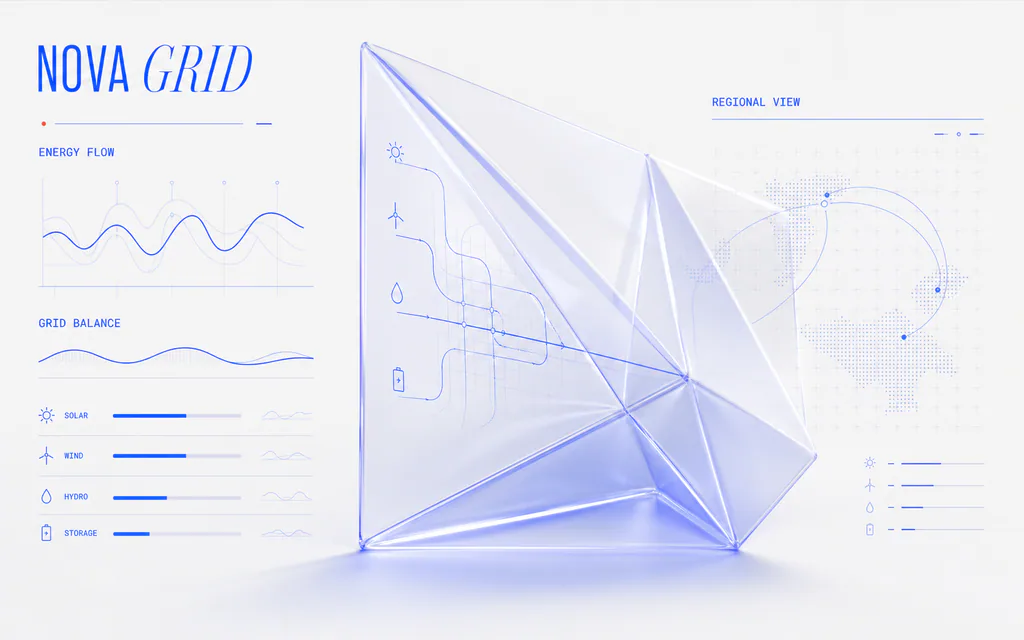 Konzeptvisual für Nova Grid mit blauen Energieflüssen und einer gefalteten transparenten Oberfläche